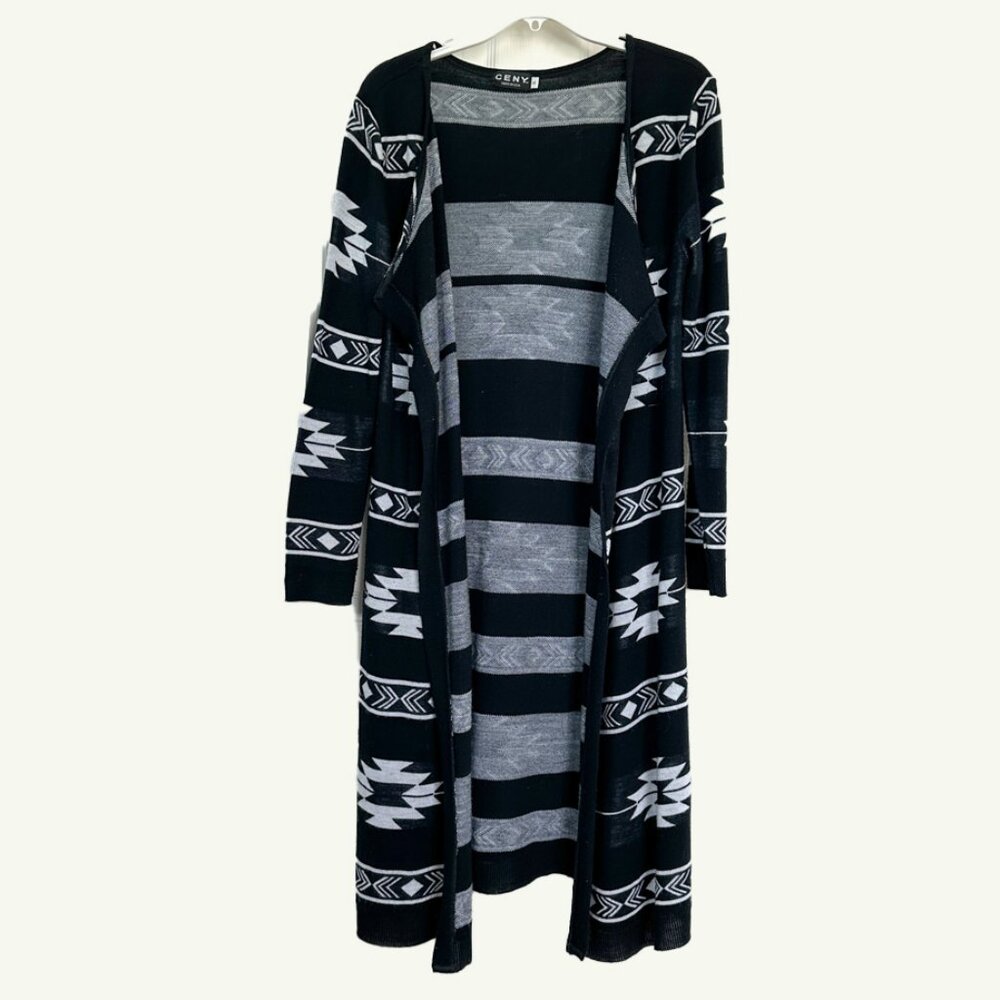 Lightweight mid-calf knit, jacket, black with white Native American designs